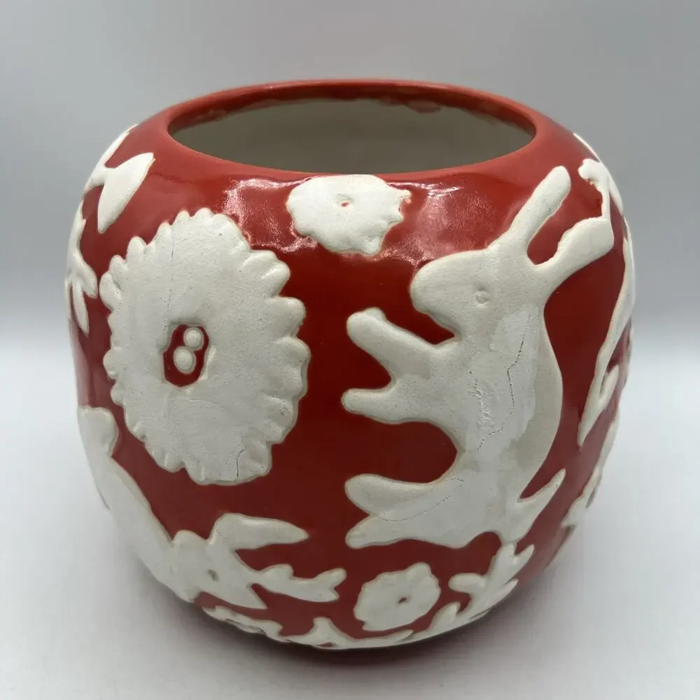 Anthropologie Concha Garden Planter Red Orange White Animals Boho Pottery 8
